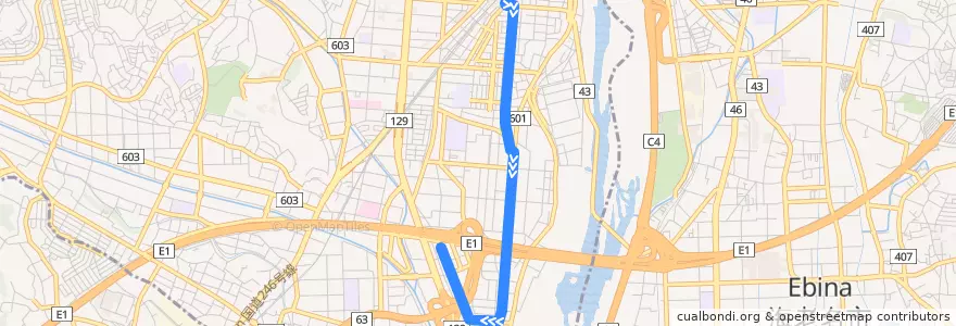 Mapa del recorrido 厚105 急行 アクスト行き de la línea  en 厚木市.