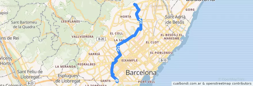Mapa del recorrido D40 - Plaça Espanya - Via Favència de la línea  en Barcelona.