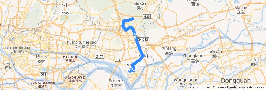 Mapa del recorrido 569路[沿河路(奕佳公寓)总站-萝岗香雪(梅花世界)总站] de la línea  en Huangpu District.