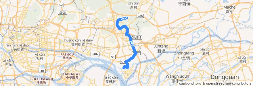 Mapa del recorrido 569路[萝岗香雪(梅花世界)总站-沿河路(奕佳公寓)总站] de la línea  en Huangpu District.