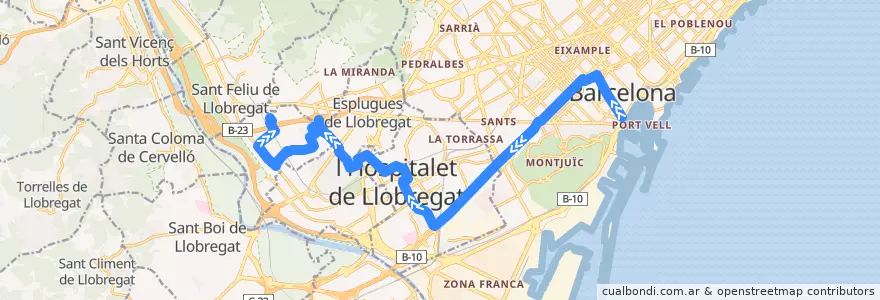 Mapa del recorrido N15 Barcelona (Pl. Portal de la Pau-Pl. Catalunya) => Sant Joan Despi (Torreblanca) de la línea  en Barcelona.
