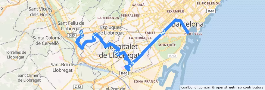 Mapa del recorrido N15 Sant Joan Despi (Torreblanca) => Barcelona (Pl- Catalunya-Pl. Portal de la Pau) de la línea  en Barcelona.