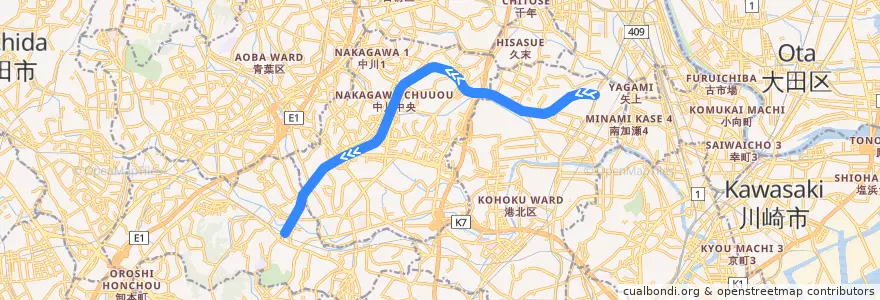 Mapa del recorrido グリーンライン de la línea  en 横浜市.