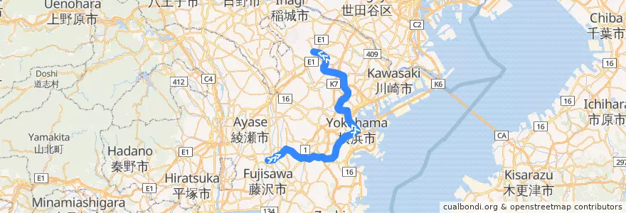 Mapa del recorrido ブルーライン de la línea  en Yokohama.