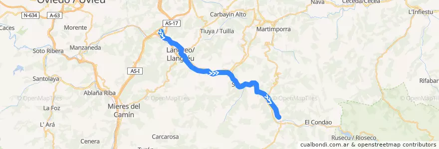 Mapa del recorrido Riañu - Llaviana de la línea  en Astúrias.