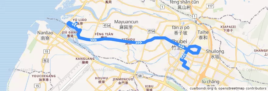 Mapa del recorrido 63 新港→家樂福 de la línea  en 竹北市.