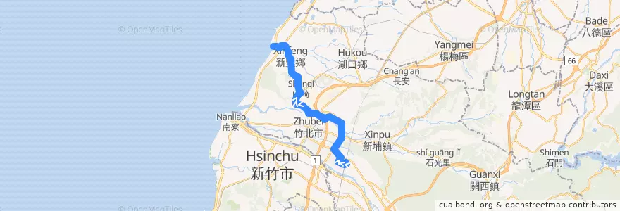 Mapa del recorrido 觀光3號 高鐵新竹站→新豐紅毛港 de la línea  en 新竹縣.