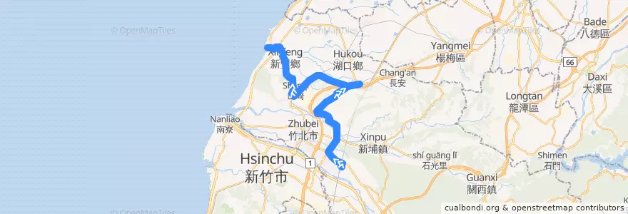 Mapa del recorrido 觀光3號 新豐紅毛港→高鐵新竹站 de la línea  en Condado de Hsinchu.