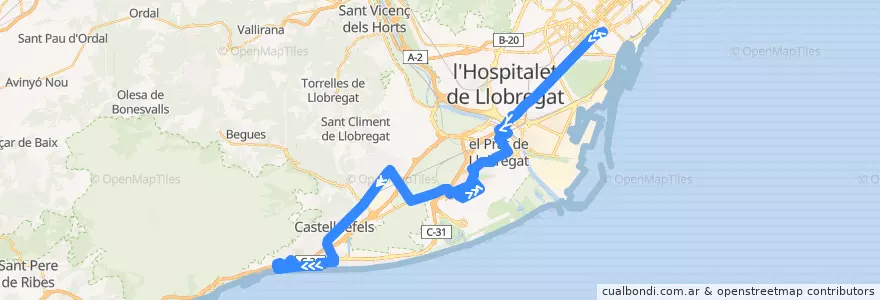 Mapa del recorrido N16 Barcelona (Pl. Catalunya) => Castelldefels (Bellamar) de la línea  en Barcelona.