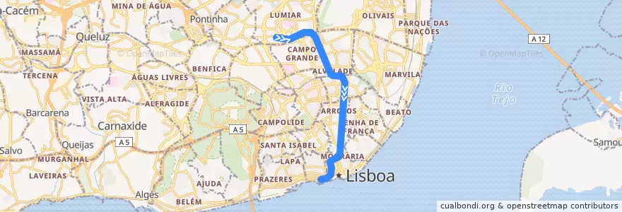 Mapa del recorrido Linha Verde: Telheiras → Cais do Sodré de la línea  en Lisbon.