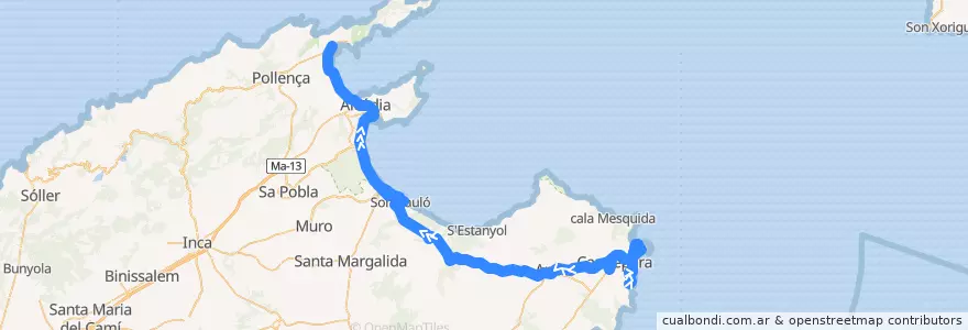 Mapa del recorrido Bus 446: Port de Pollença → Cala Rajada → Font de sa Cala de la línea  en Illes Balears.