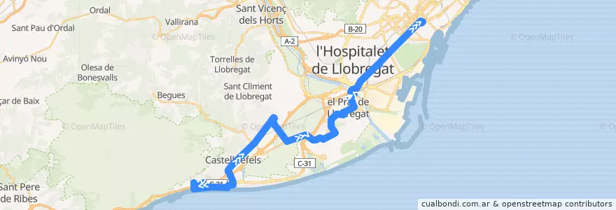 Mapa del recorrido N16 Castelldefels (Bellamar) => Barcelona (Pl. Catalunya) de la línea  en Barcelona.