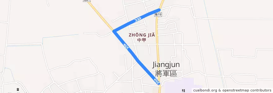 Mapa del recorrido 藍10(繞駛中社_往程) de la línea  en Jiangjun District.
