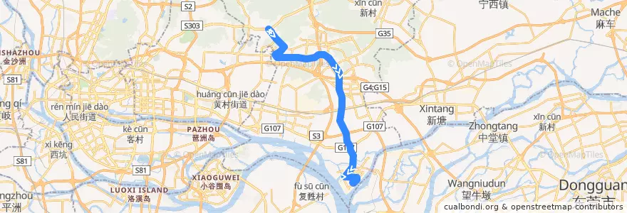 Mapa del recorrido 573快线[开创大道(万科城)总站-西区公交总站] de la línea  en 黄埔区.