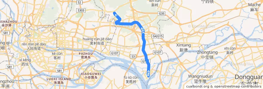Mapa del recorrido 573快线[西区公交总站-开创大道(万科城)总站] de la línea  en Huangpu District.