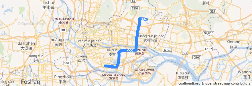 Mapa del recorrido 582路(凌塘村总站-海珠客运站总站) de la línea  en Guangzhou City.