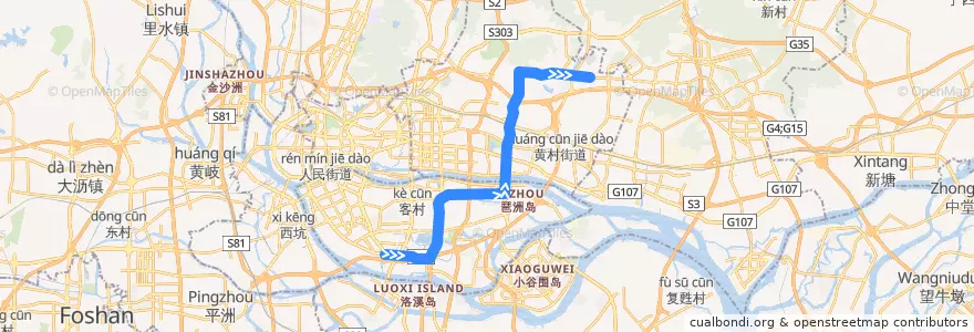 Mapa del recorrido 582班车(起云路总站-海珠客运站总站) de la línea  en Guangzhou City.