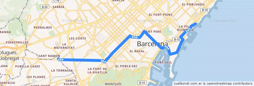 Mapa del recorrido N28 Collblanc => Pl. Catalunya => Port Olímpic de la línea  en Barcelona.