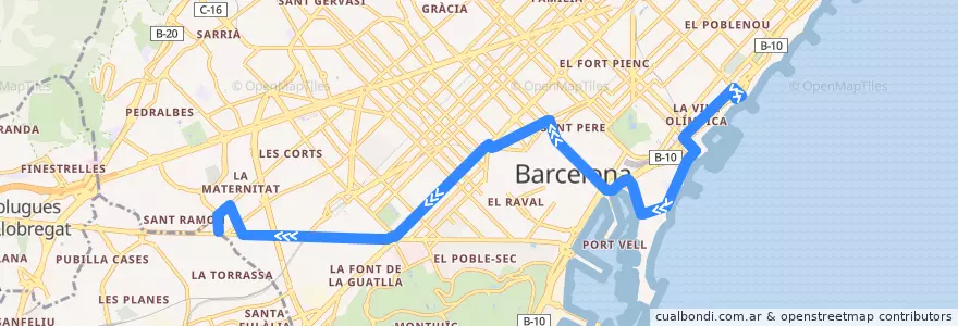Mapa del recorrido N28 Port Olímpic => Pl. Catalunya => Collblanc de la línea  en Barcelona.