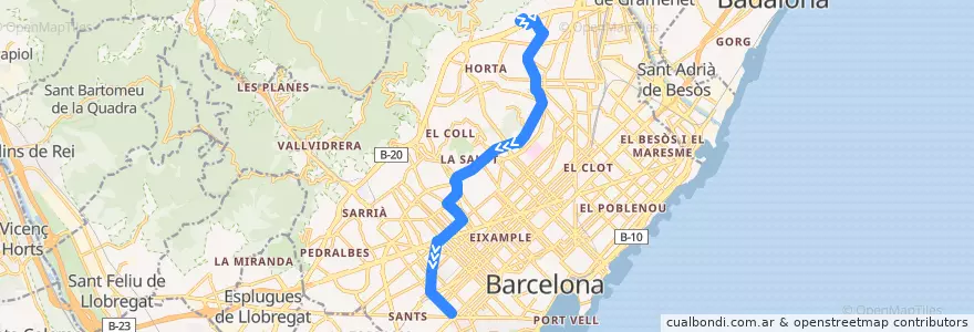Mapa del recorrido D40 - Via Favència - Plaça Espanya de la línea  en Barcelona.
