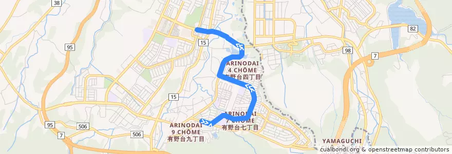 Mapa del recorrido 5：五社駅前→有野台７丁目→有野公園前→岡場駅 de la línea  en 北区.