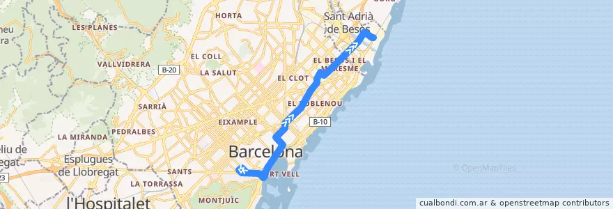 Mapa del recorrido H14: Paral·lel => Sant Adrià de la línea  en Barcelona.