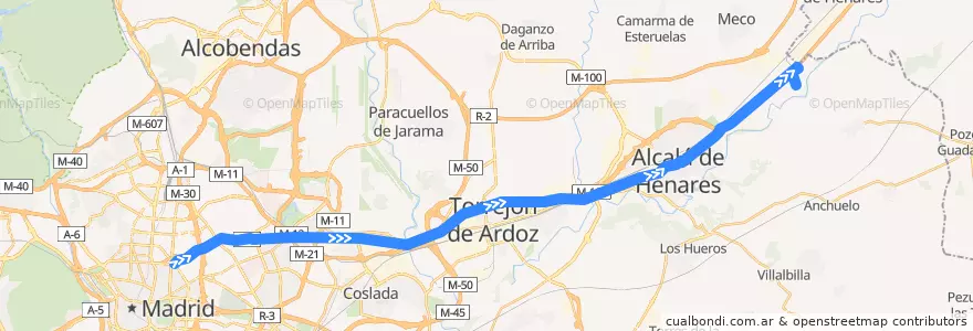 Mapa del recorrido Bus 222: Madrid (Avenida de América) → Alcalá (El Encín) de la línea  en Área metropolitana de Madrid y Corredor del Henares.