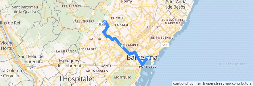 Mapa del recorrido V13 Pla de Palau => Av. Tibidabo de la línea  en Barcelona.
