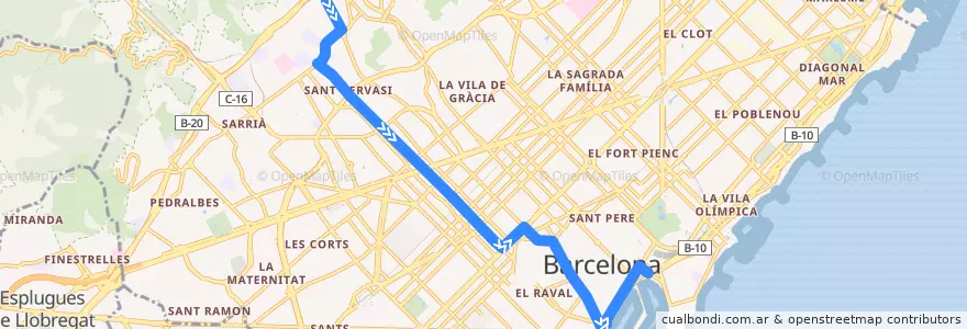 Mapa del recorrido V13 Av. Tibidabo => Pla de Palau de la línea  en Barcelona.