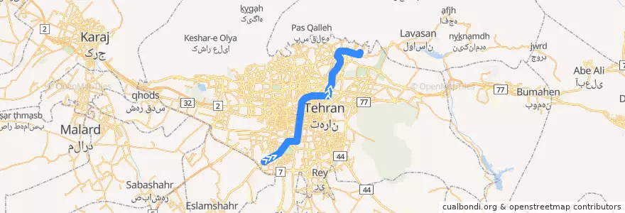 Mapa del recorrido خط ٣ de la línea  en Тегеран.