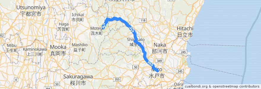 Mapa del recorrido 茨城交通バス45系統 ツインリンクもてぎ⇒石塚⇒水戸駅 de la línea  en 茨城県.