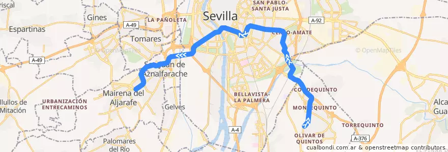 Mapa del recorrido Línea 1: Olivar de Quintos → Ciudad Expo de la línea  en Sevilla.