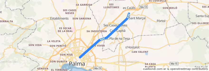 Mapa del recorrido Metro M2: Marratxí → Plaça d'Espanya de la línea  en Isole Baleari.