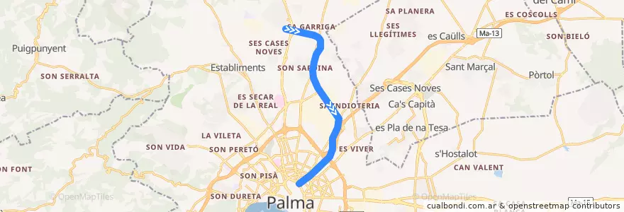 Mapa del recorrido Metro M1: UIB → Plaça d'Espanya de la línea  en ميورقة.