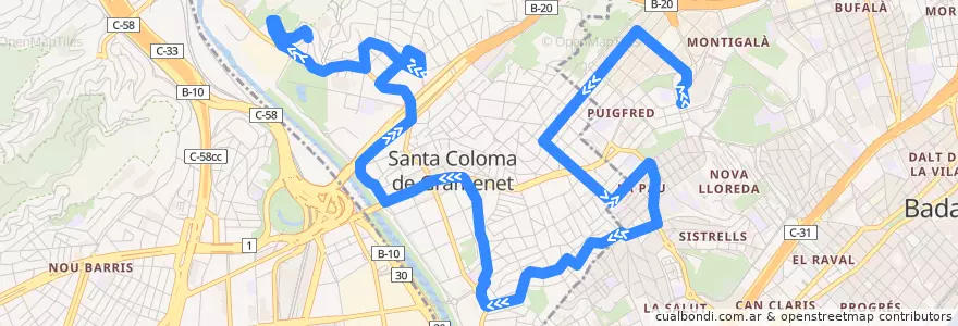 Mapa del recorrido B15 BADALONA (MONTIGALÀ) - STA. COLOMA DE G. (LES OLIVERES) de la línea  en Barcelonais.