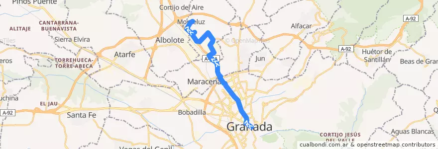Mapa del recorrido Bus 0110: Granada → Peligros → Caserío Fonseca → Monteluz de la línea  en Comarca de la Vega de Granada.