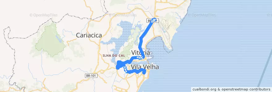 Mapa del recorrido 567 Terminal Carapina / Terminal Vila Velha via Terminal São Torquato/Reta da Penha - Noturno de la línea  en Microrregião Vitória.