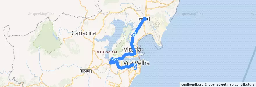 Mapa del recorrido 567 Terminal Vila Velha / Terminal Carapina via Terminal São Torquato/Reta da Penha - Noturno de la línea  en Microrregião Vitória.
