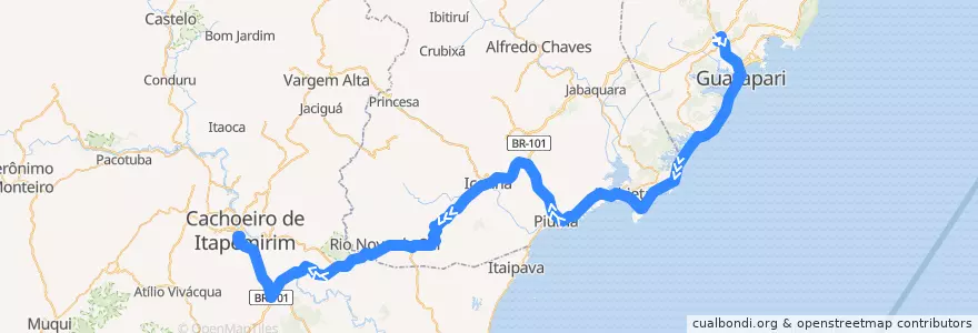 Mapa del recorrido 6 Guarapari x Cachoeiro de Itapemirim via BR-101/Anchieta de la línea  en Эспириту-Санту.