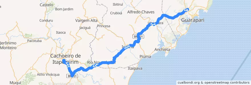 Mapa del recorrido 27 Guarapari x Cachoeiro de Itapemirim via Jaqueira de la línea  en Espírito Santo.