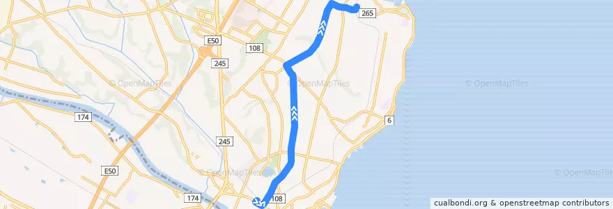 Mapa del recorrido 茨城交通バス 那珂湊駅⇒十三奉行⇒阿字ヶ浦駅 de la línea  en ひたちなか市.