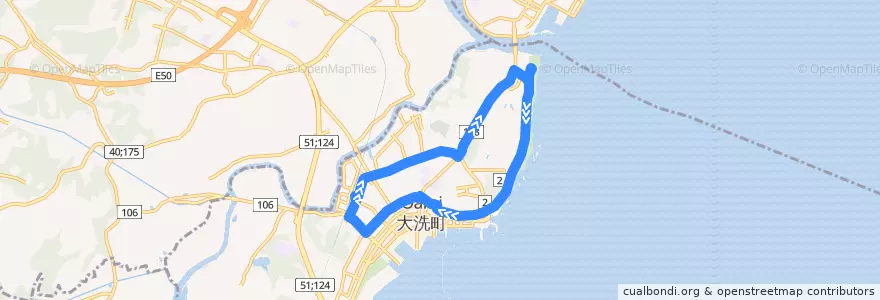 Mapa del recorrido 大洗町循環バス海遊号 アクアワールド大洗ルート右回り（平日・土曜） de la línea  en Oarai.