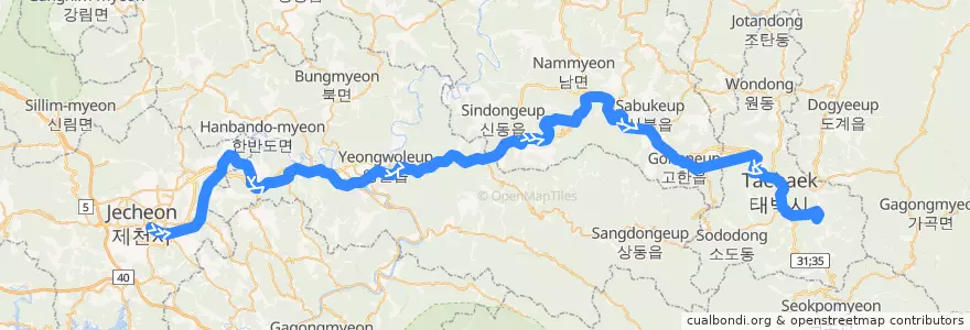 Mapa del recorrido 태백선 백산 방면 de la línea  en 강원도.
