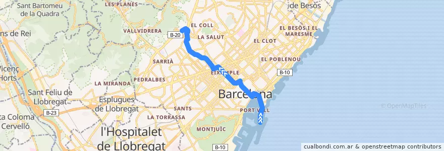 Mapa del recorrido V15 Barceloneta => Av. Tibidabo de la línea  en Barcelona.