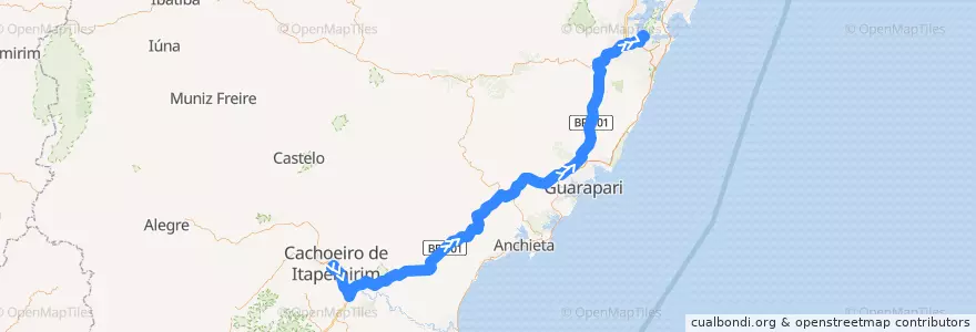 Mapa del recorrido 2 Cachoeiro de Itapemirim x Vitória via BR-101 de la línea  en Espírito Santo.