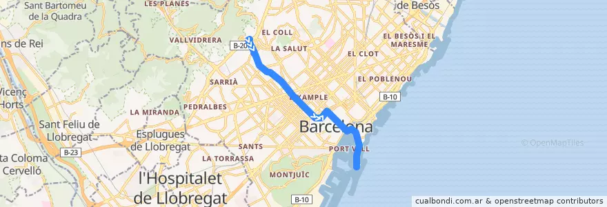 Mapa del recorrido V15 Av. Tibidabo => Barceloneta de la línea  en Barcelona.