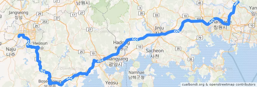 Mapa del recorrido 경전선 광주송정역 방면 de la línea  en Республика Корея.