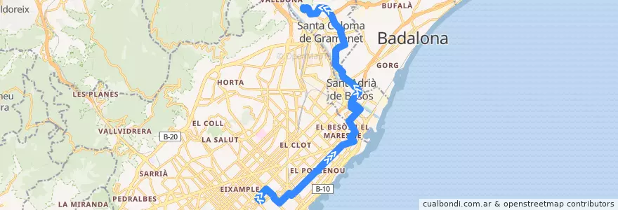 Mapa del recorrido B20 Barcelona Ronda de Sant Pere -Santa Coloma de Gramenet Oliveres de la línea  en Barcelonés.