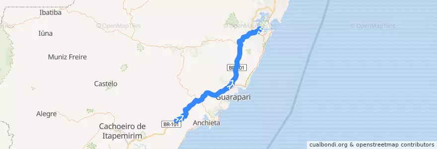 Mapa del recorrido 21 Iconha x Vitória via BR-101 de la línea  en Região Geográfica Intermediária de Vitória.