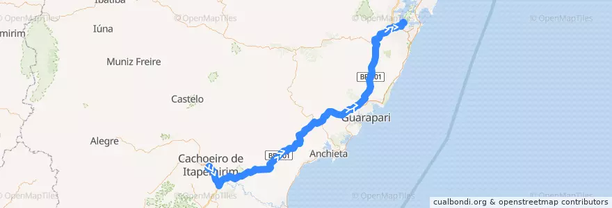 Mapa del recorrido 2-1 Cachoeiro de Itapemirim x Vitória via BR-101/Rio Novo de la línea  en Espírito Santo.